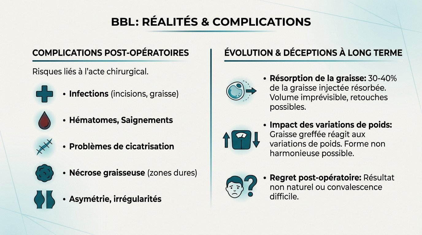 Schéma illustrant les complications potentielles du BBL comme la nécrose et les infections