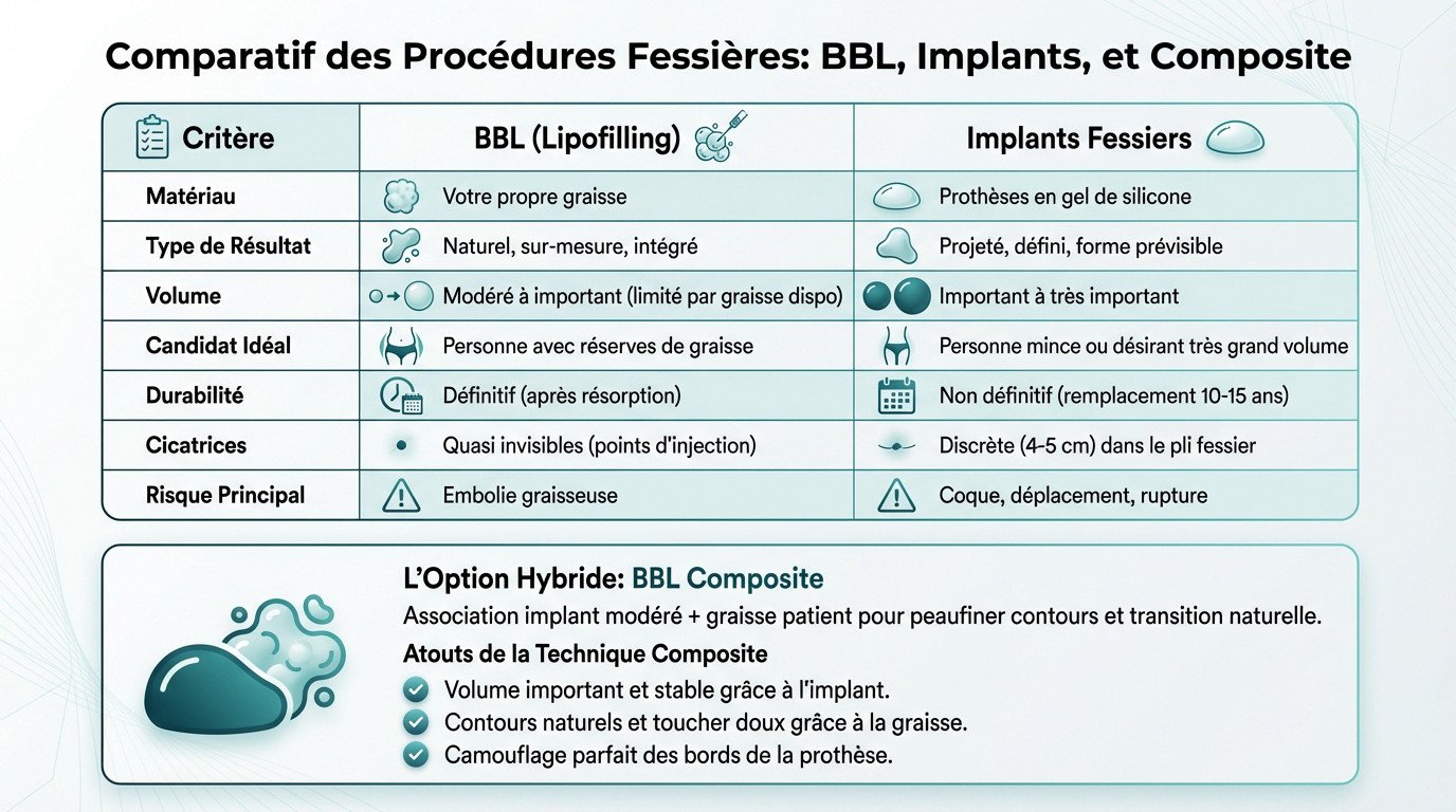 Schéma comparatif illustrant les différences entre BBL, implants fessiers et la technique composite