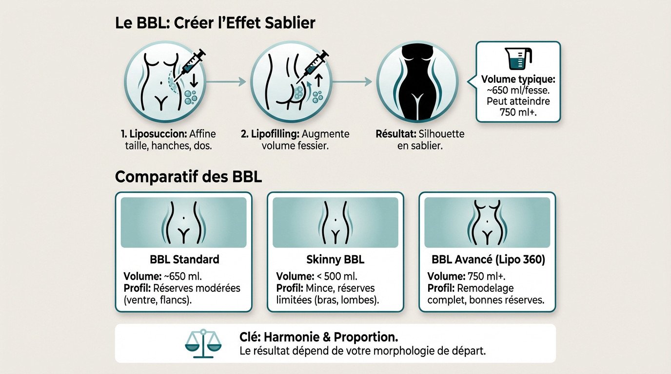 Schéma explicatif de l'effet sablier obtenu par liposuccion et lipofilling lors d'un BBL