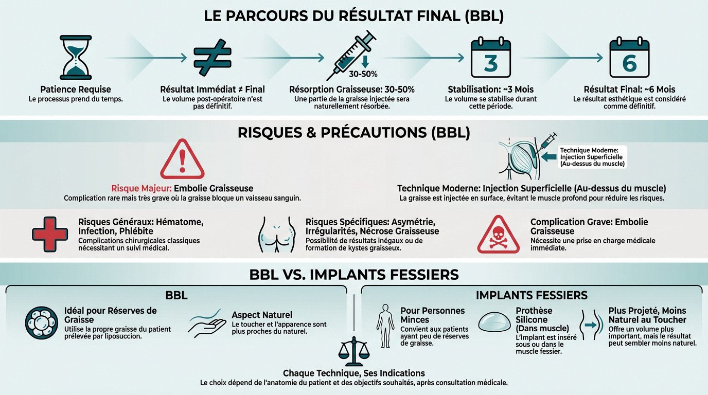 Infographie comparative des risques du BBL et des alternatives comme les implants fessiers
