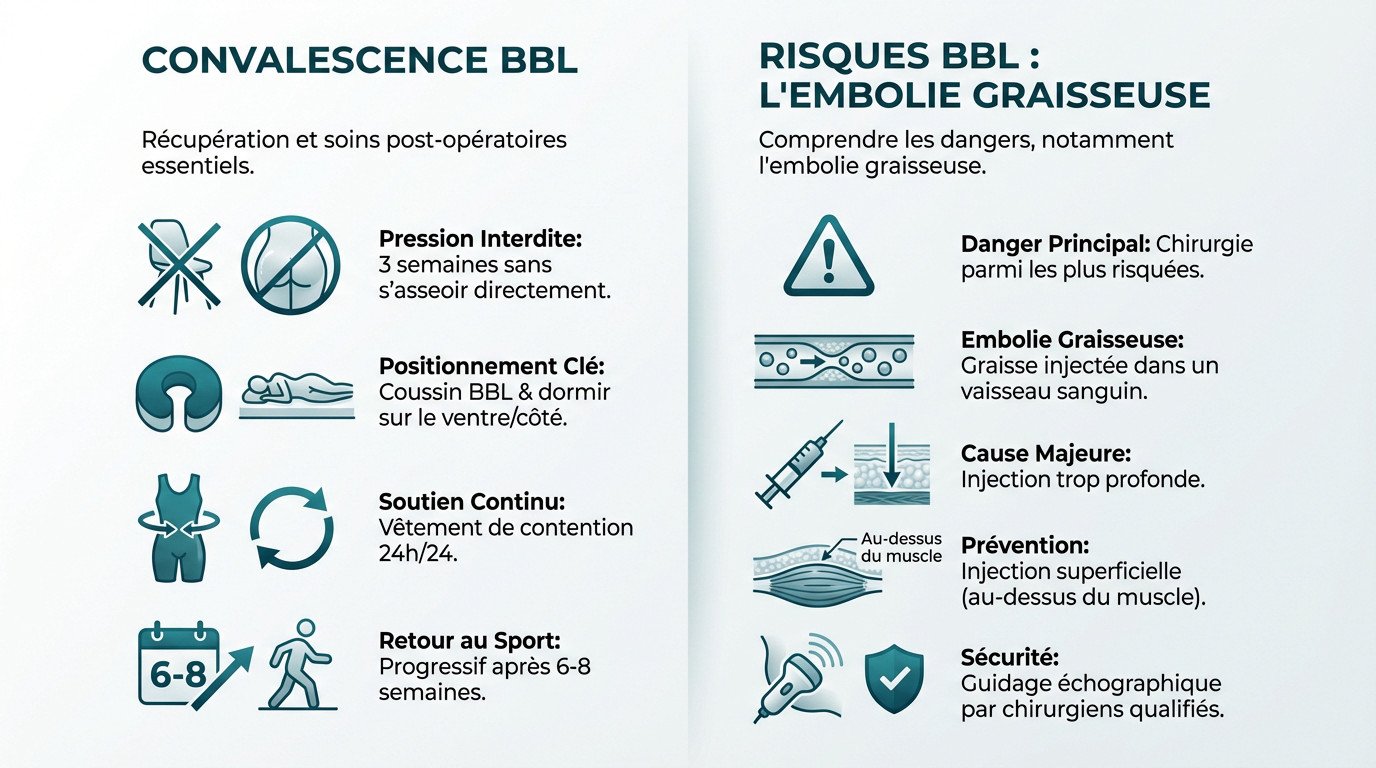 Schéma illustrant les risques d'embolie graisseuse et la récupération après un BBL