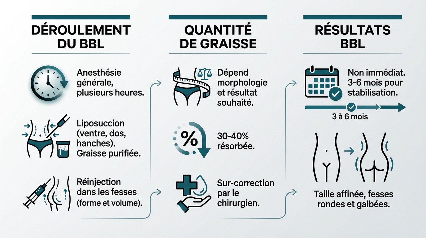 Schéma illustrant les étapes du Brazilian Butt Lift : liposuccion et réinjection de graisse