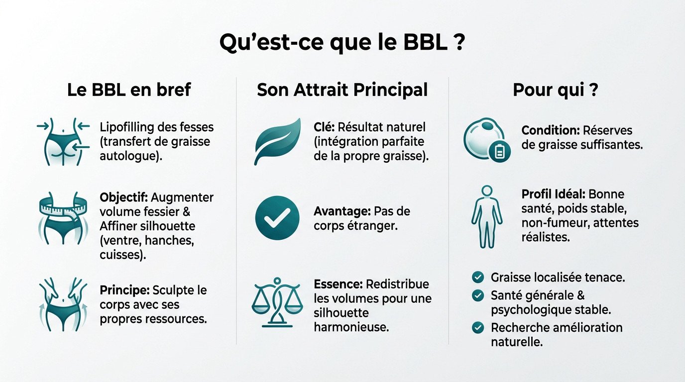 Infographie explicative sur le principe et le fonctionnement du Brazilian Butt Lift (BBL)