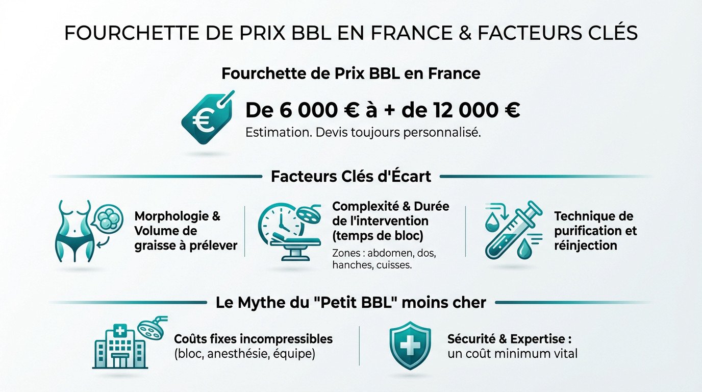 Graphique illustrant la fourchette de prix d'un BBL en France et les facteurs de variation des coûts