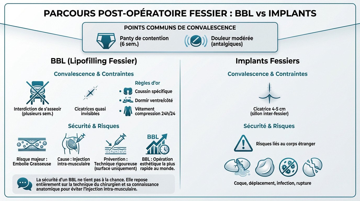 Schéma comparatif des suites opératoires entre BBL et implants fessiers