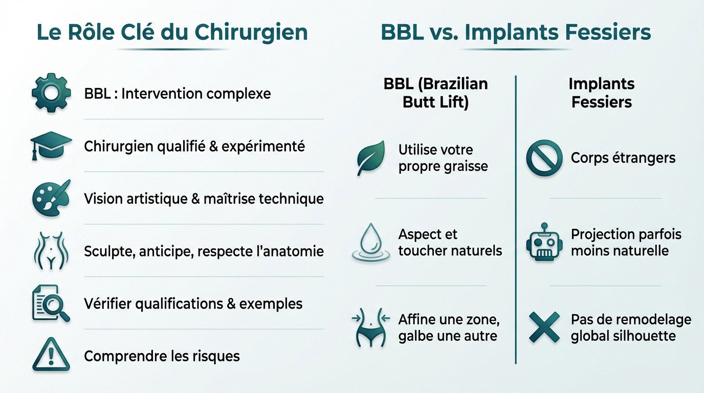 Infographie comparant le rôle du chirurgien dans le BBL et les différences avec les implants fessiers