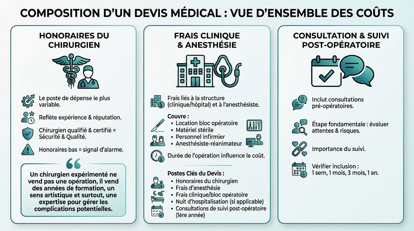 Détail des coûts inclus dans un devis de chirurgie BBL : honoraires, anesthésie et frais de clinique