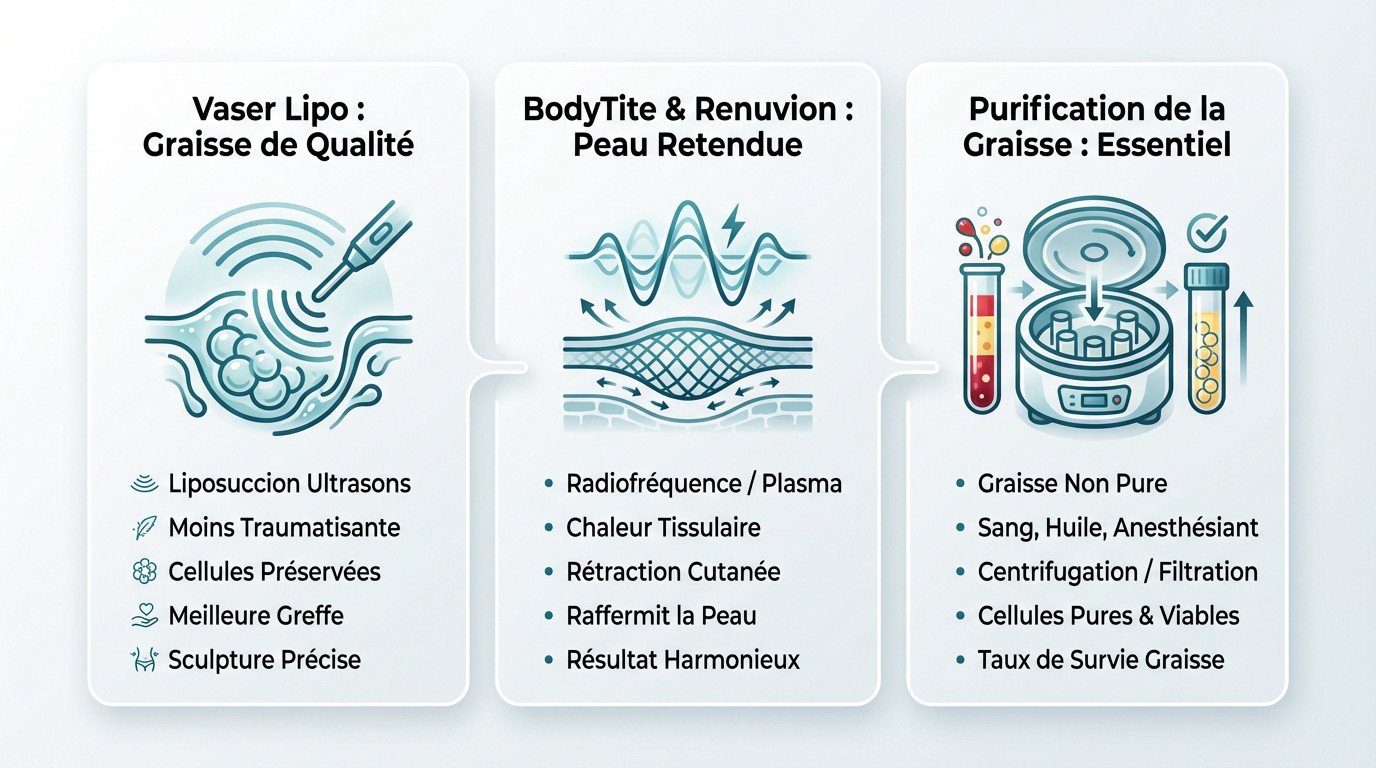 Schéma explicatif des 3 étapes clés du BBL haute définition : Vaser Lipo, Renuvion et purification