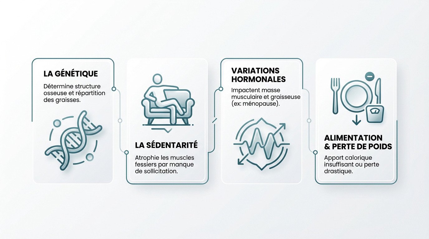 Schéma explicatif montrant l'influence de la génétique et des hormones sur la forme des fesses