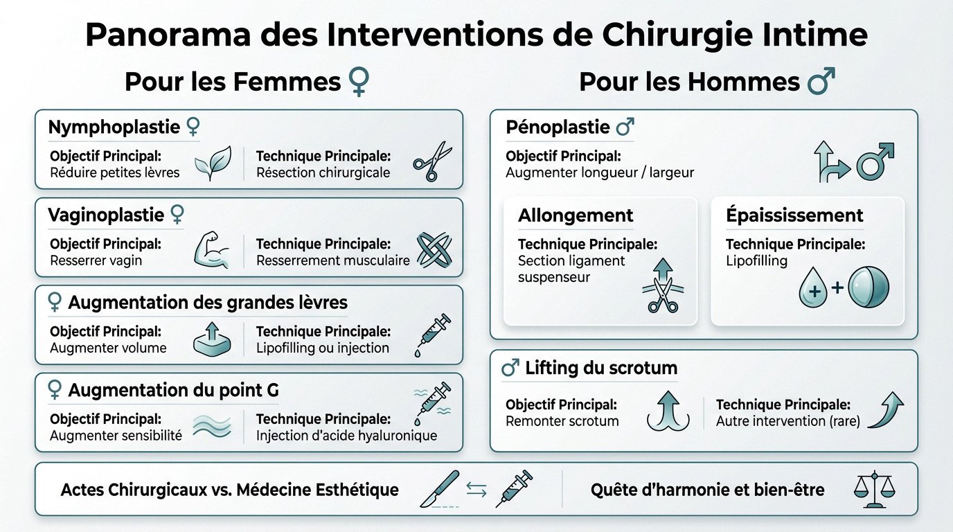 Panorama illustré des interventions de chirurgie intime pour hommes et femmes