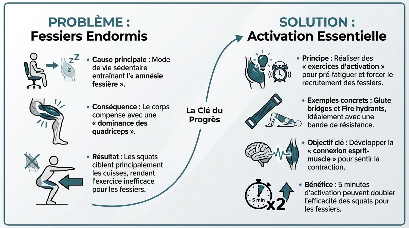 Schéma illustrant l'amnésie fessière et l'activation musculaire pour le squat