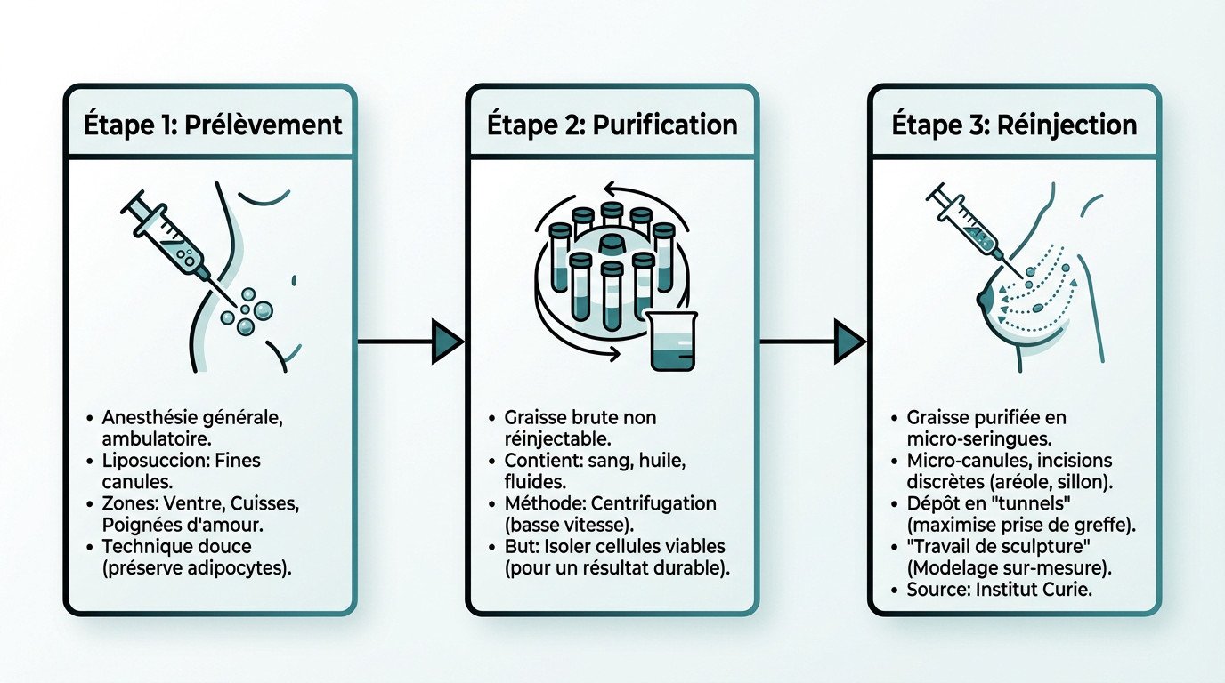Schéma des étapes du lipofilling mammaire : prélèvement, purification et réinjection