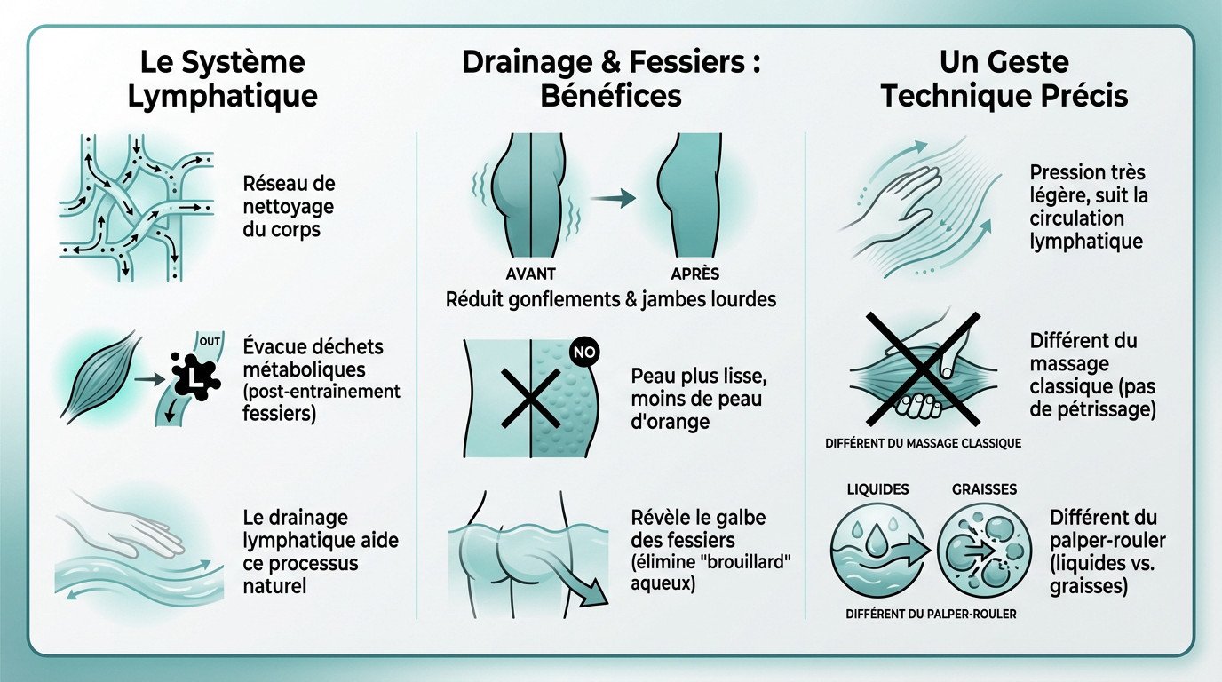 Femme pratiquant un drainage lymphatique sur les fessiers pour améliorer la tonicité et réduire la cellulite