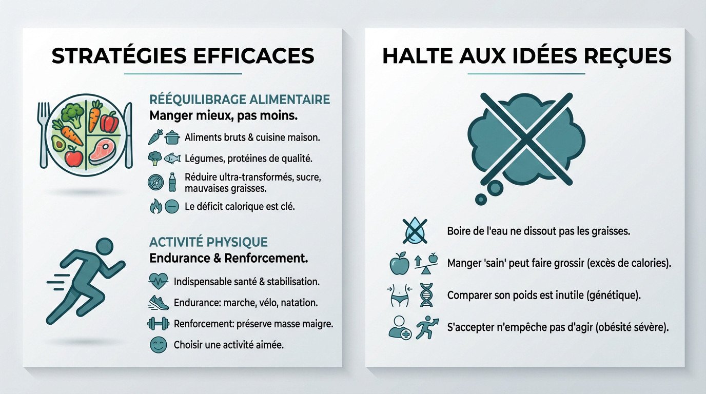 Infographie détaillant les stratégies efficaces de perte de poids et les mythes courants