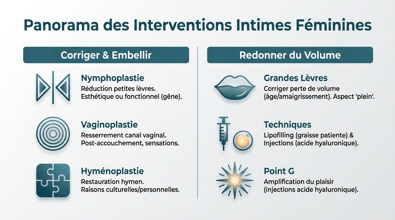 Schéma illustrant les zones concernées par la chirurgie intime féminine comme les petites et grandes lèvres