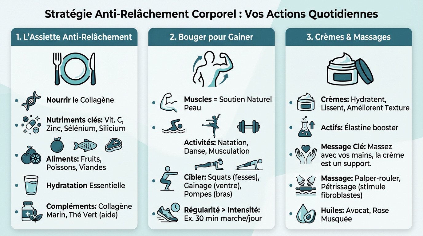 Illustration des trois piliers pour combattre le relâchement cutané : alimentation riche en nutriments, renforcement musculaire et massages tonifiants.