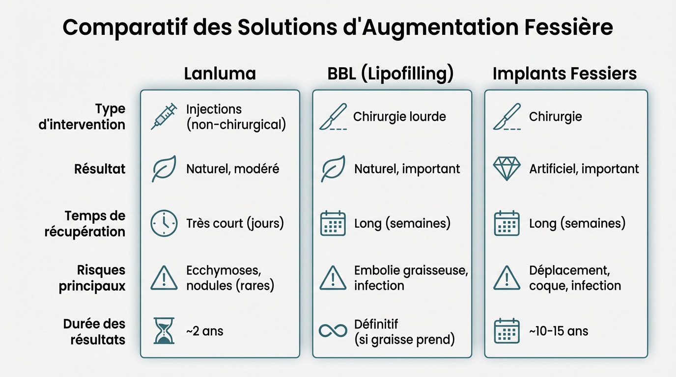 Tableau comparatif des différentes méthodes d'augmentation fessière : Lanluma, BBL et implants