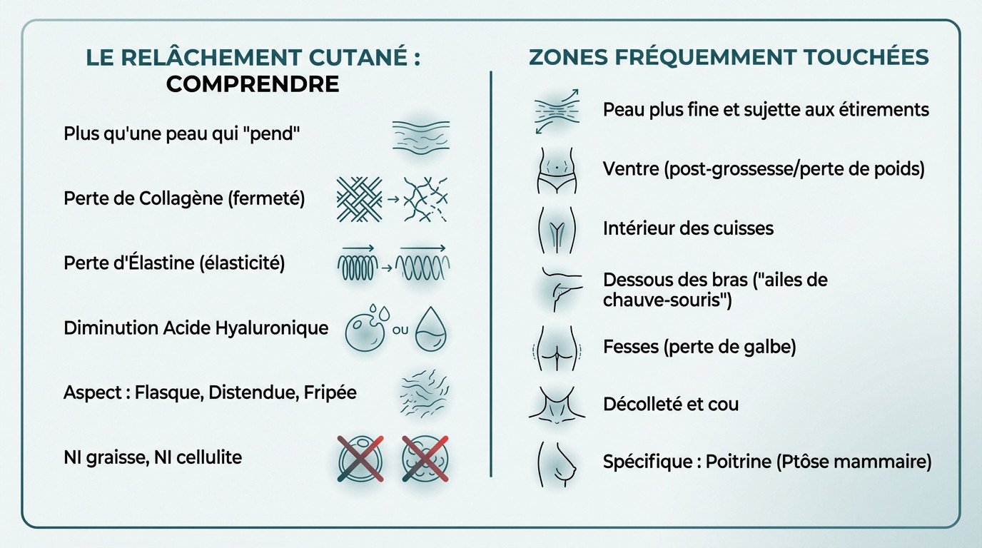 Schéma illustrant le processus de relâchement cutané et la perte de densité du derme sur le corps