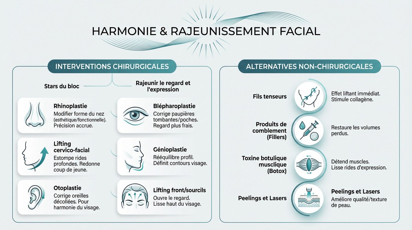 Schéma illustrant les zones d'intervention de la chirurgie esthétique du visage