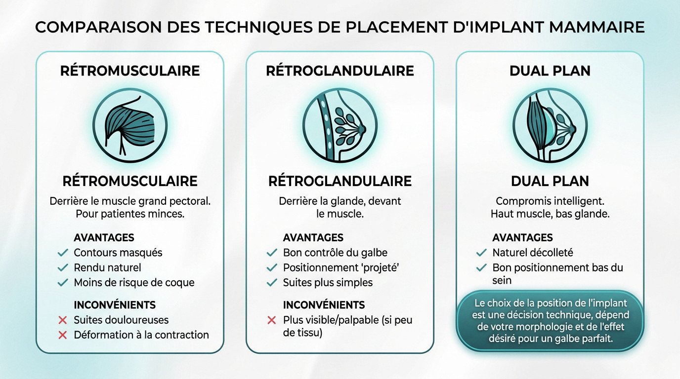 Schéma comparatif des positions d'implants mammaires : rétromusculaire, rétroglandulaire et dual plan