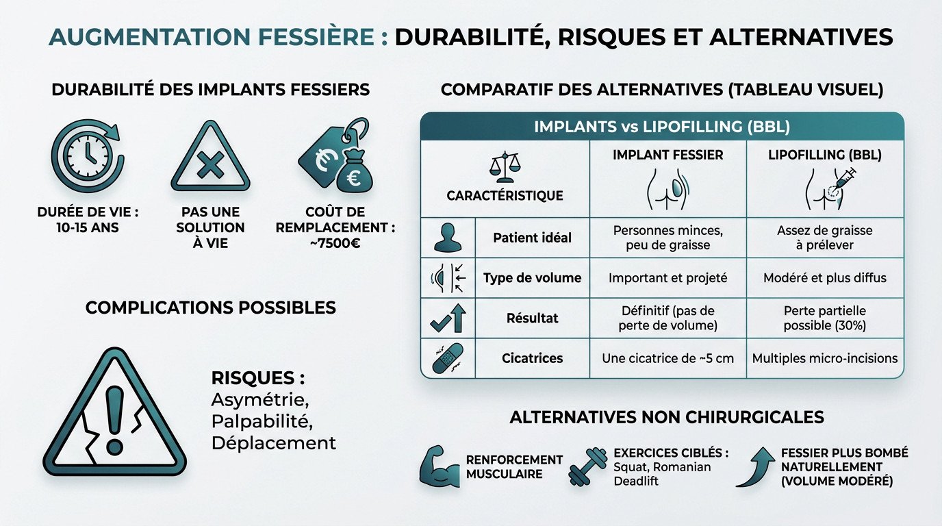 Comparaison durabilité implants fessiers et alternatives sportives