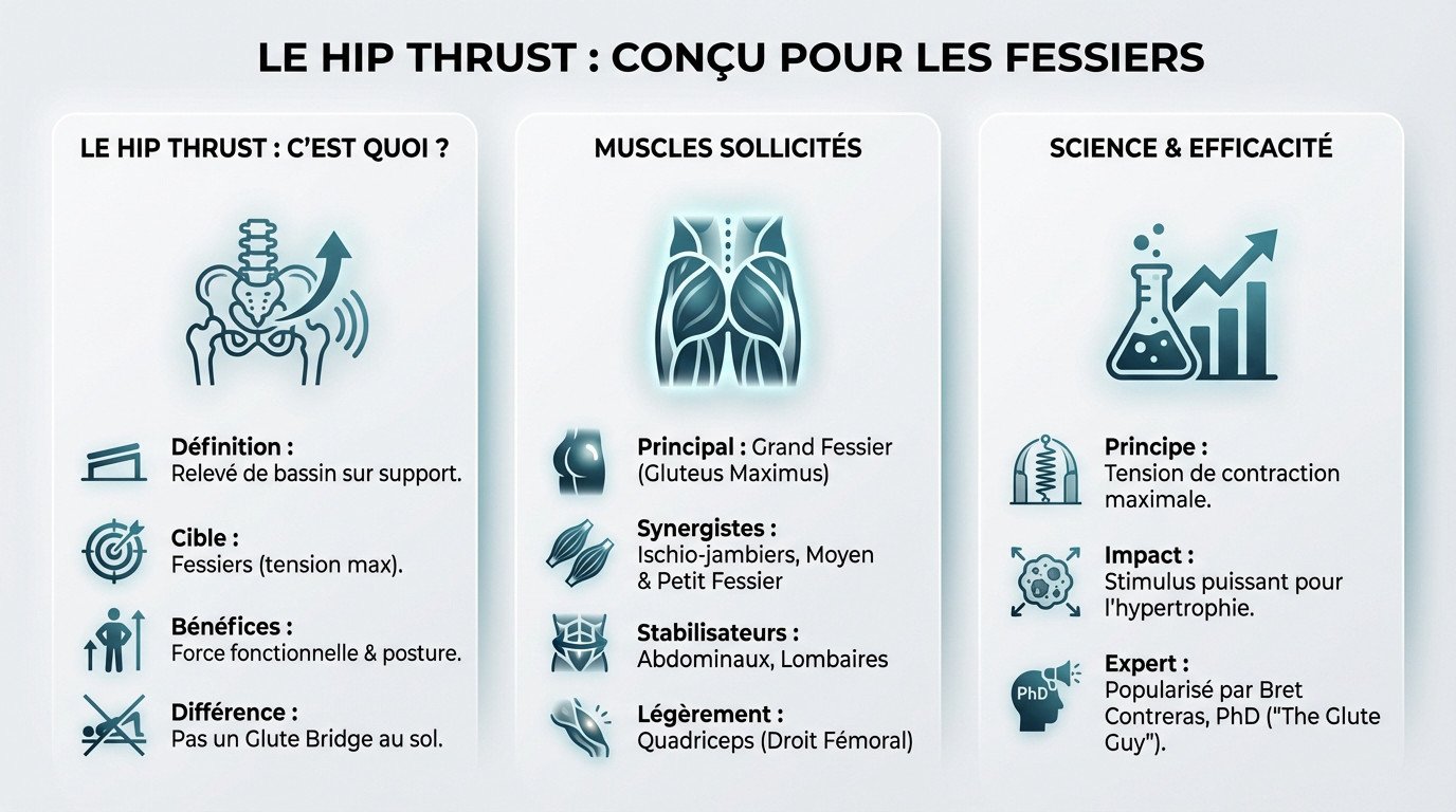 Femme exécutant un hip thrust avec une barre chargée pour muscler ses fessiers