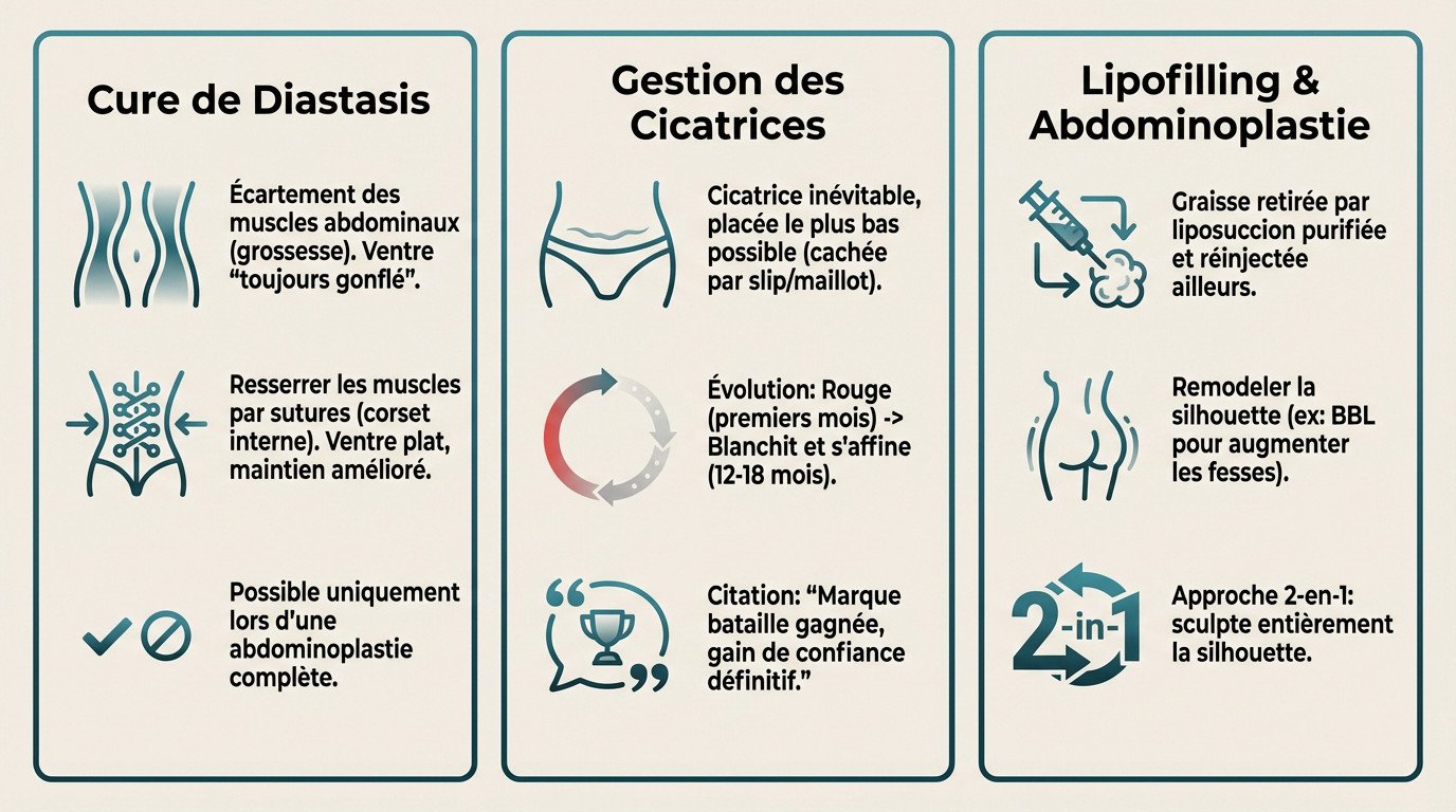 Schéma illustrant la correction du diastasis des muscles abdominaux et l'emplacement de la cicatrice d'abdominoplastie