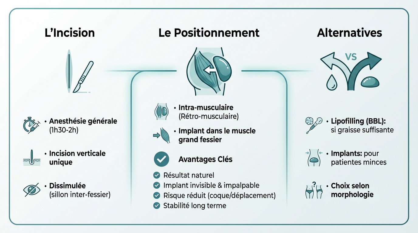 Schéma explicatif de la procédure d'augmentation fessière par implants et alternatives