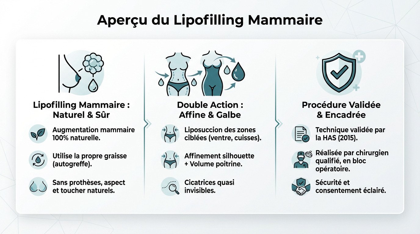 Schéma explicatif du processus de lipofilling mammaire montrant le prélèvement et l'injection de graisse