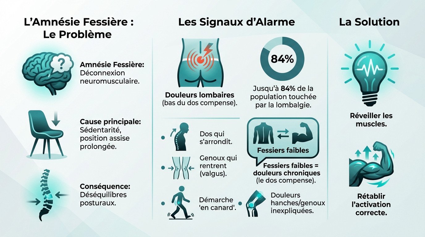 Schéma explicatif du lien entre amnésie fessière et douleurs lombaires causées par la sédentarité