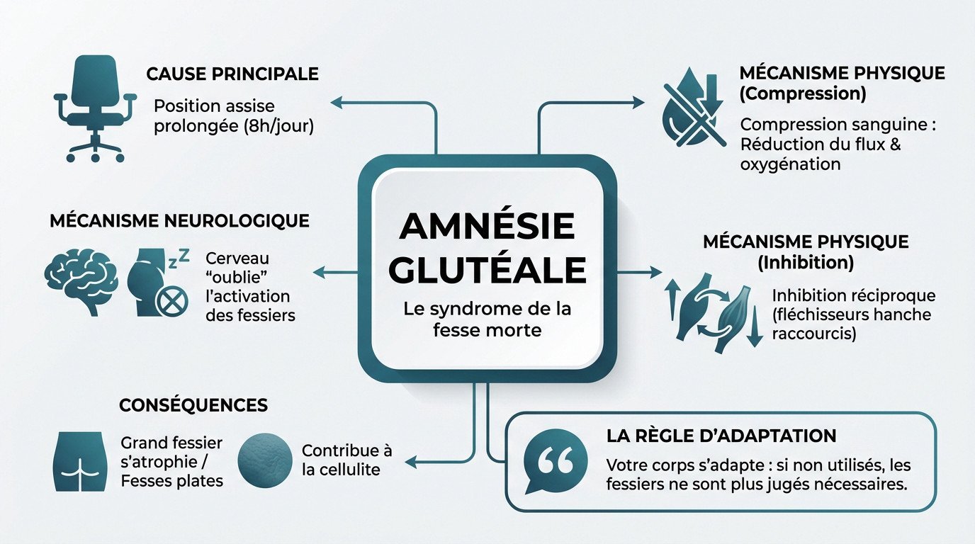 Schéma explicatif de l'amnésie glutéale et du syndrome de la fesse morte causé par la position assise