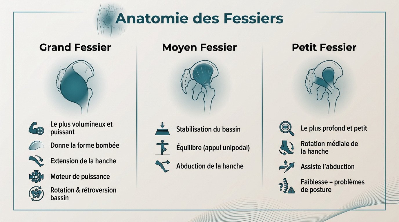 Schéma détaillé de l'anatomie des muscles fessiers : grand, moyen et petit glutéal