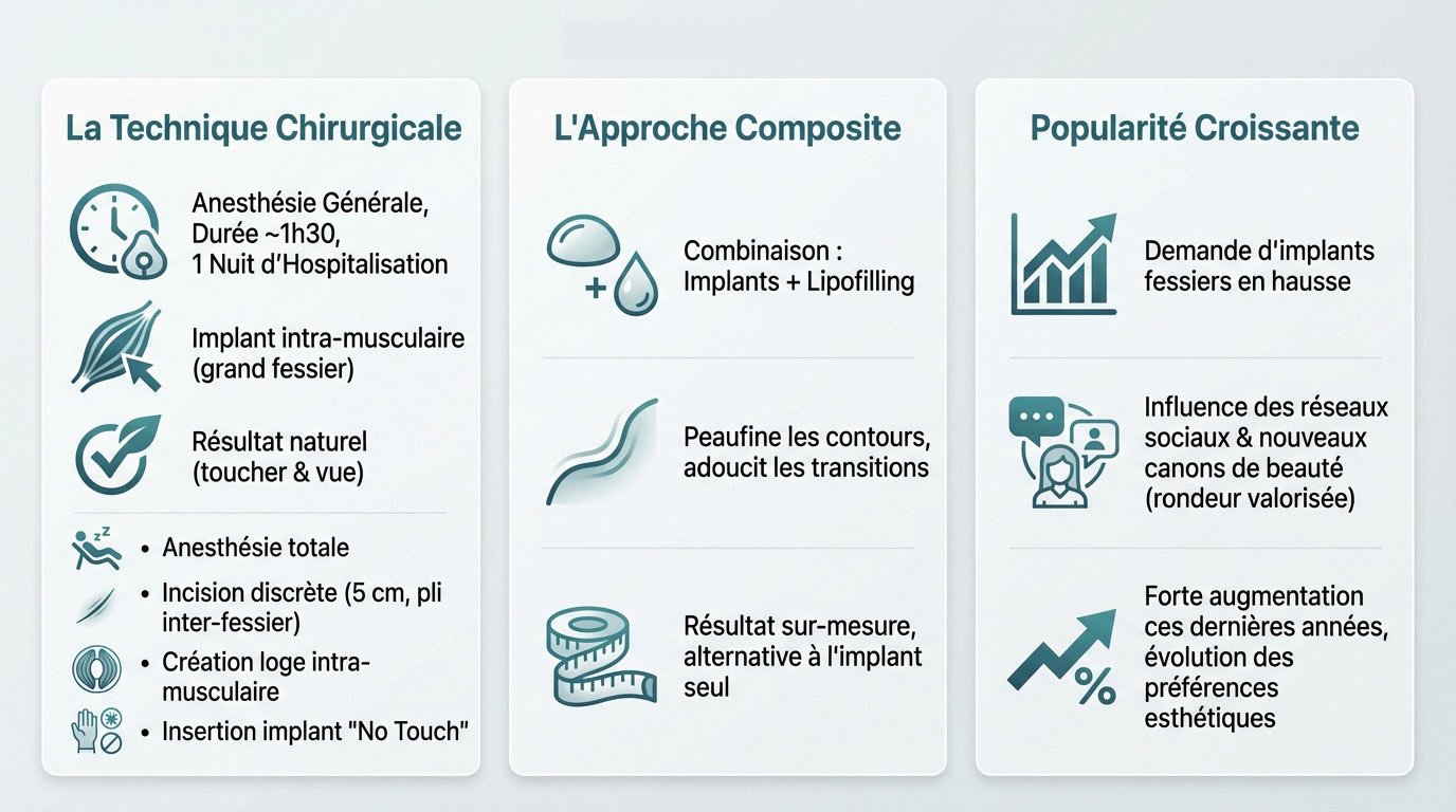Schéma explicatif de l'augmentation fessière par implants et technique composite