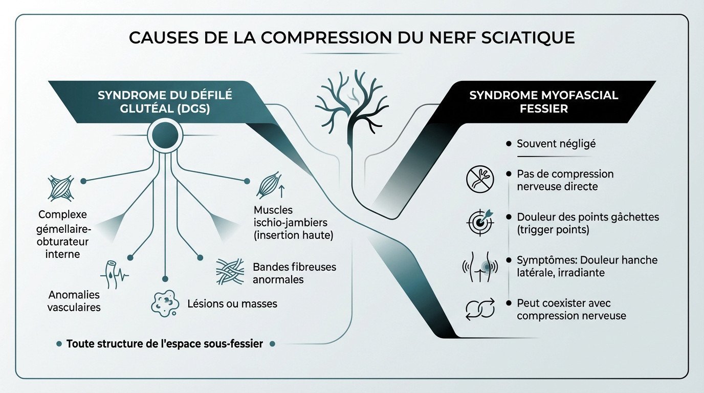 Schéma anatomique montrant les causes de compression du nerf sciatique dans le syndrome fessier profond