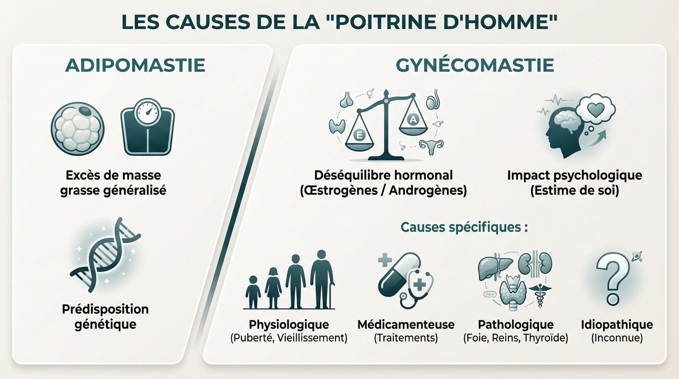 Schéma comparatif illustrant la différence anatomique entre une adipomastie graisseuse et une gynécomastie glandulaire