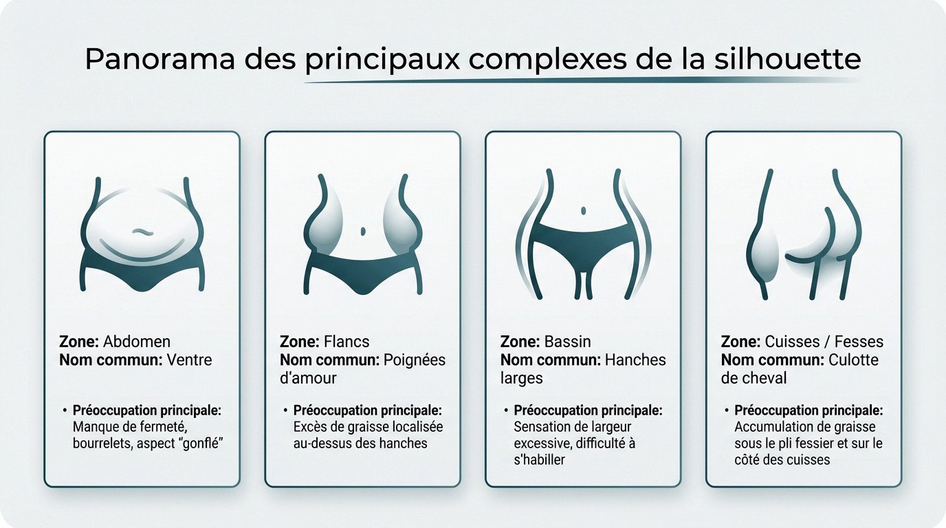 Illustration des zones corporelles sources de complexes : ventre, hanches et cuisses