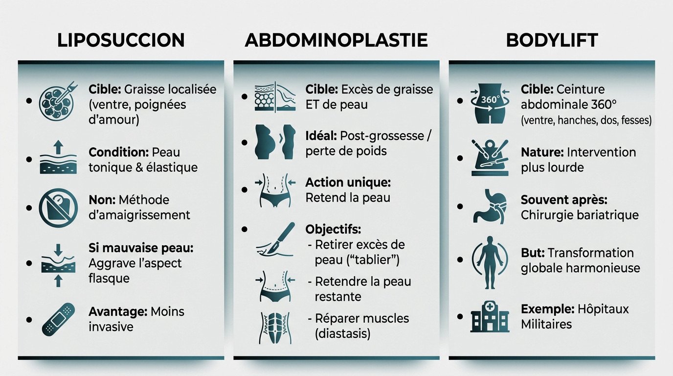 Schéma comparatif des incisions pour la liposuccion, l'abdominoplastie et le bodylift
