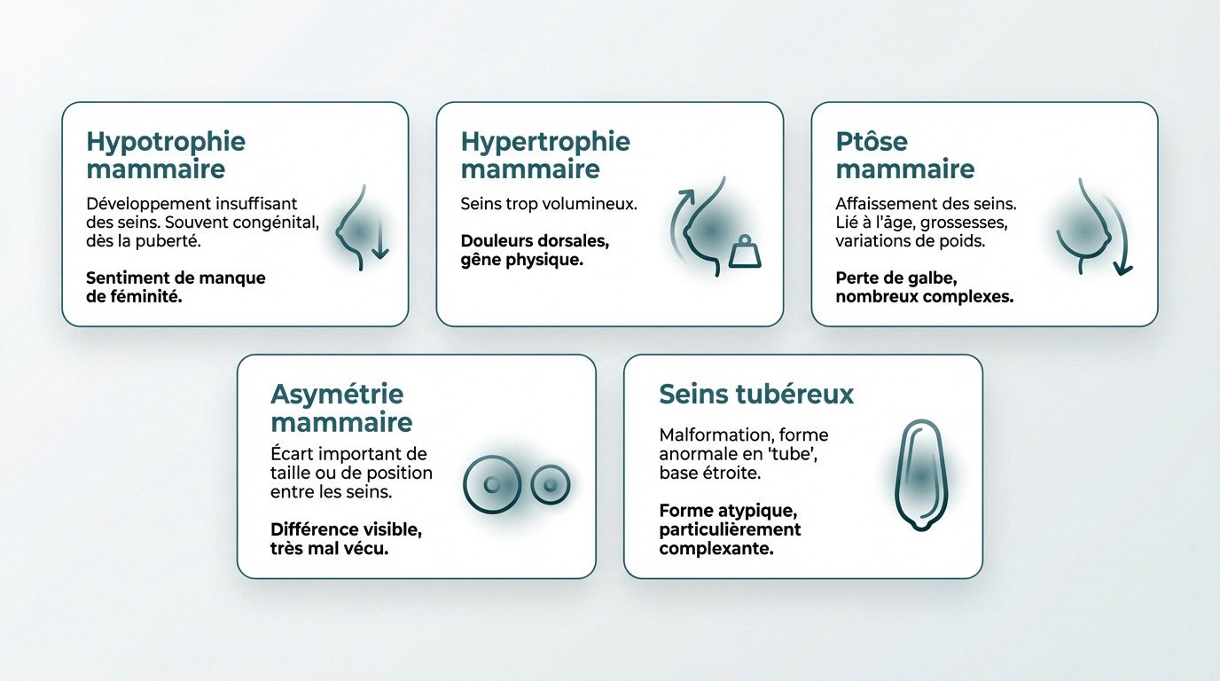 Infographie illustrant les différents types de complexes mammaires féminins comme l'hypertrophie et l'asymétrie