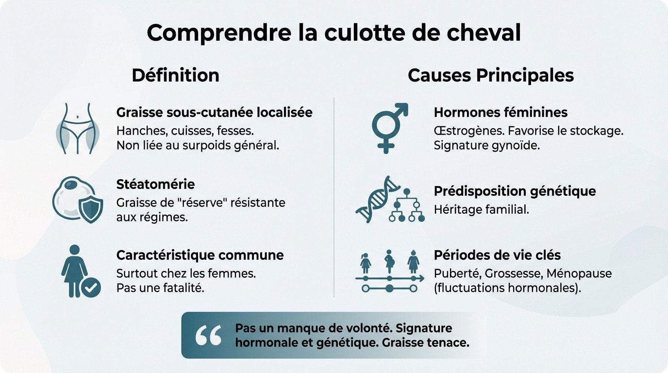 Schéma anatomique illustrant la zone de la culotte de cheval sur les hanches et les cuisses