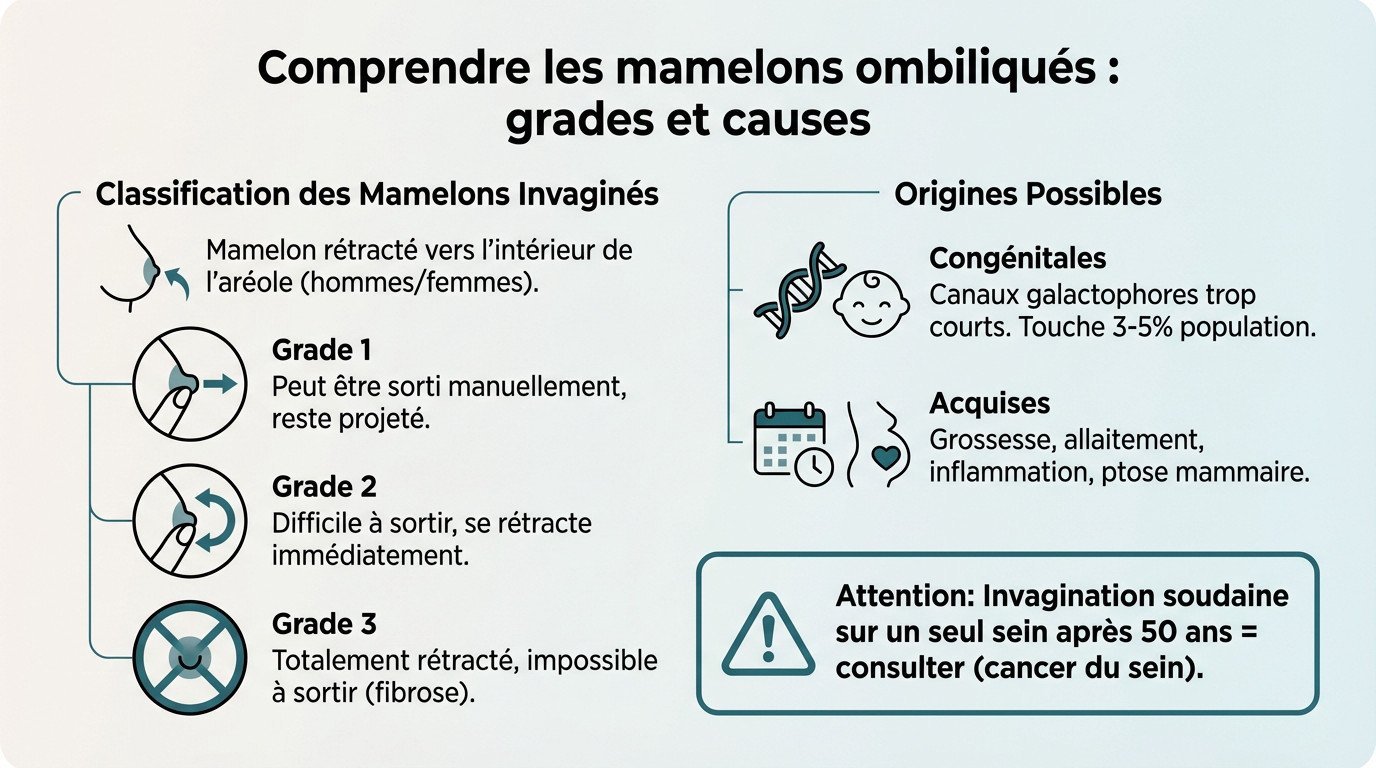 Schéma médical illustrant les trois grades de mamelons ombiliqués et l'anatomie des canaux galactophores