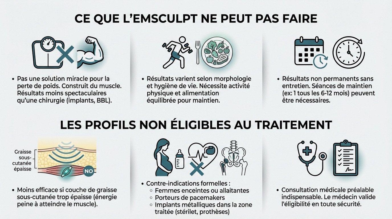 Illustration des limites et contre-indications du traitement Emsculpt pour les fessiers