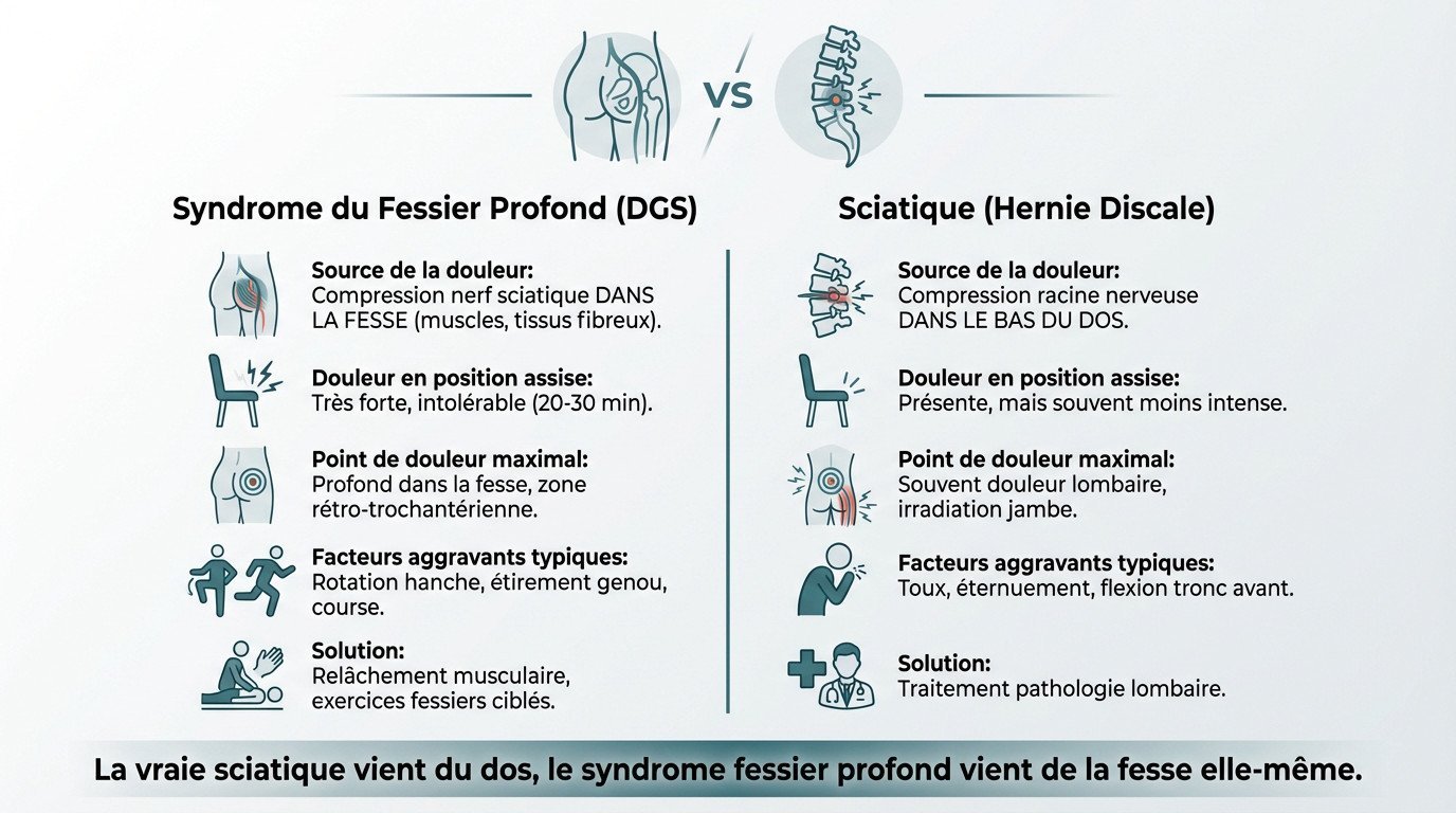 Schéma comparatif localisant la douleur d'une sciatique lombaire versus un syndrome du fessier profond