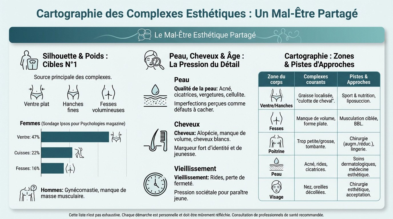 Illustration des zones du corps sujettes aux complexes esthétiques et à l'insatisfaction corporelle