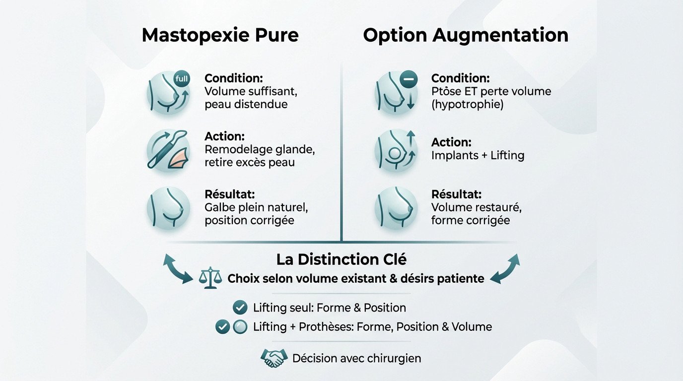 Schéma comparatif montrant la différence entre une mastopexie simple et un lifting avec implants