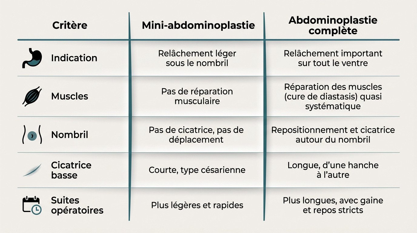 Tableau comparatif des différences entre mini-abdominoplastie et abdominoplastie complète