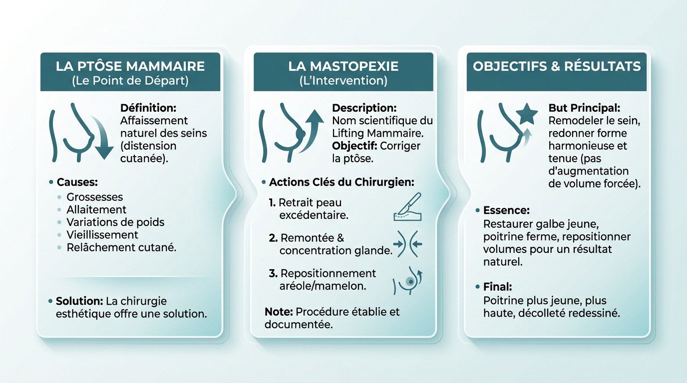 Infographie expliquant les étapes clés d'une mastopexie pour remonter la poitrine