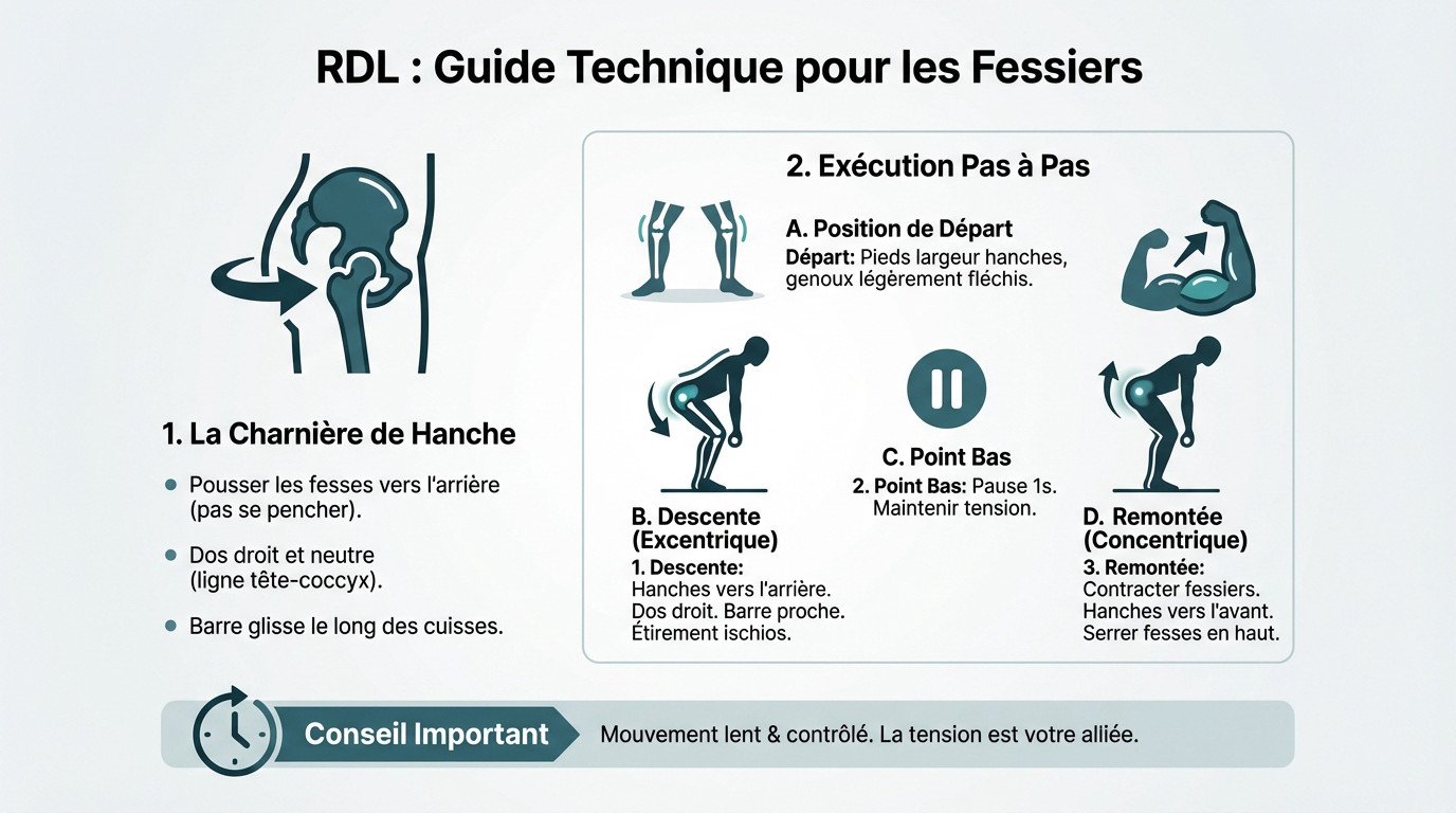 Technique correcte du Romanian Deadlift pour cibler les fessiers avec dos droit et flexion de hanche