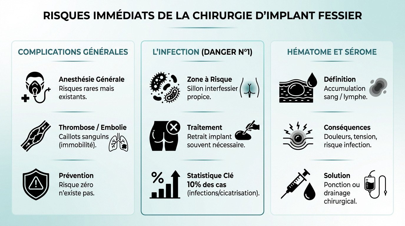 Schéma médical illustrant les risques d'infection et de déplacement liés aux implants fessiers