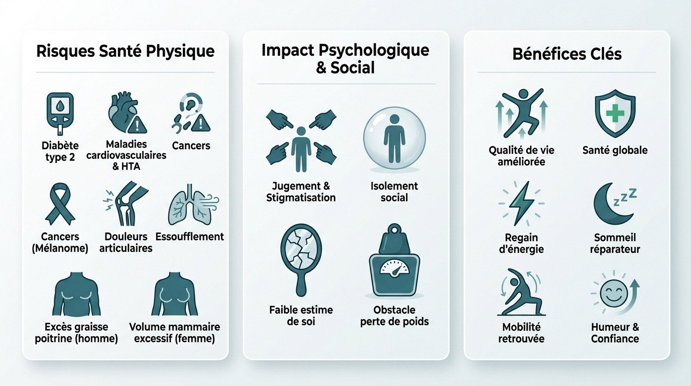 Schéma illustrant les risques de l'obésité et les bénéfices de la perte de poids sur la santé globale