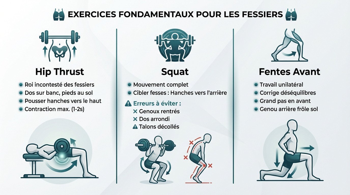 Exercices fondamentaux musculation fessiers débutant hip thrust squat fentes